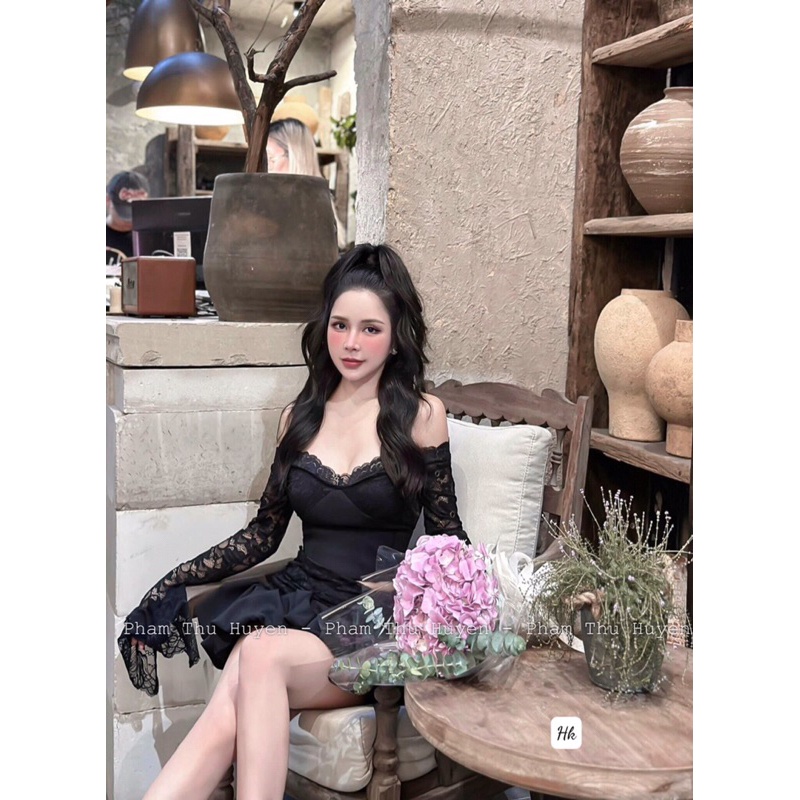 Set áo pha ren trễ vai chân váy