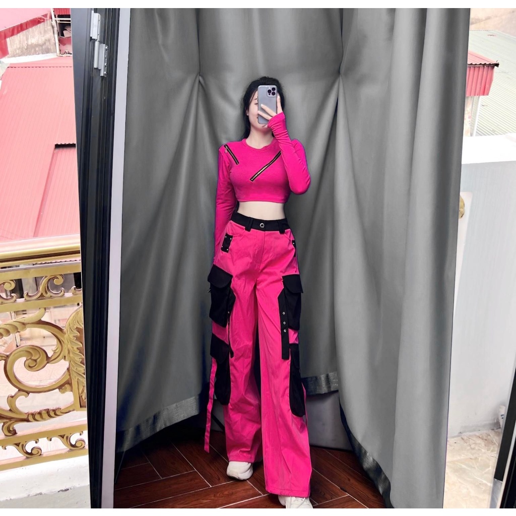 Set áo ngắn khóa chéo quần xuông túi hộp SD21