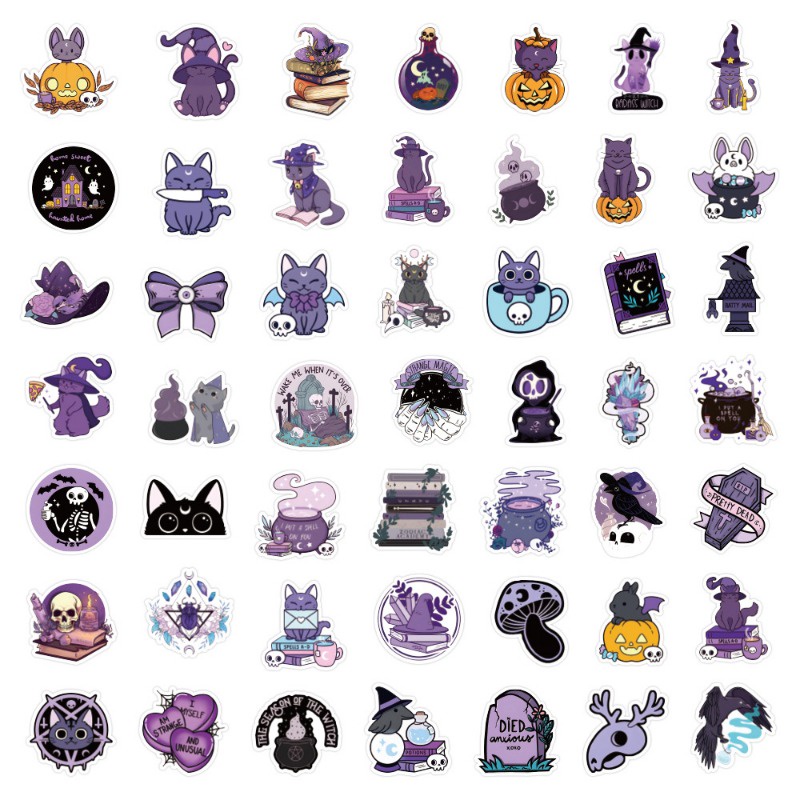 Z & m ❀ Hình Dán Mèo Ma Thuật Màu Tím ❀ Bộ 50 Miếng Dán Chống Thấm Nước Độc Đáo