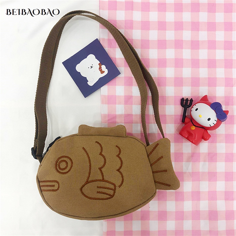BEIBAOBAO Mới Túi canvas Đeo Chéo Thêu Họa Tiết Hoạt Hình Phong Cách Nhật Bản
