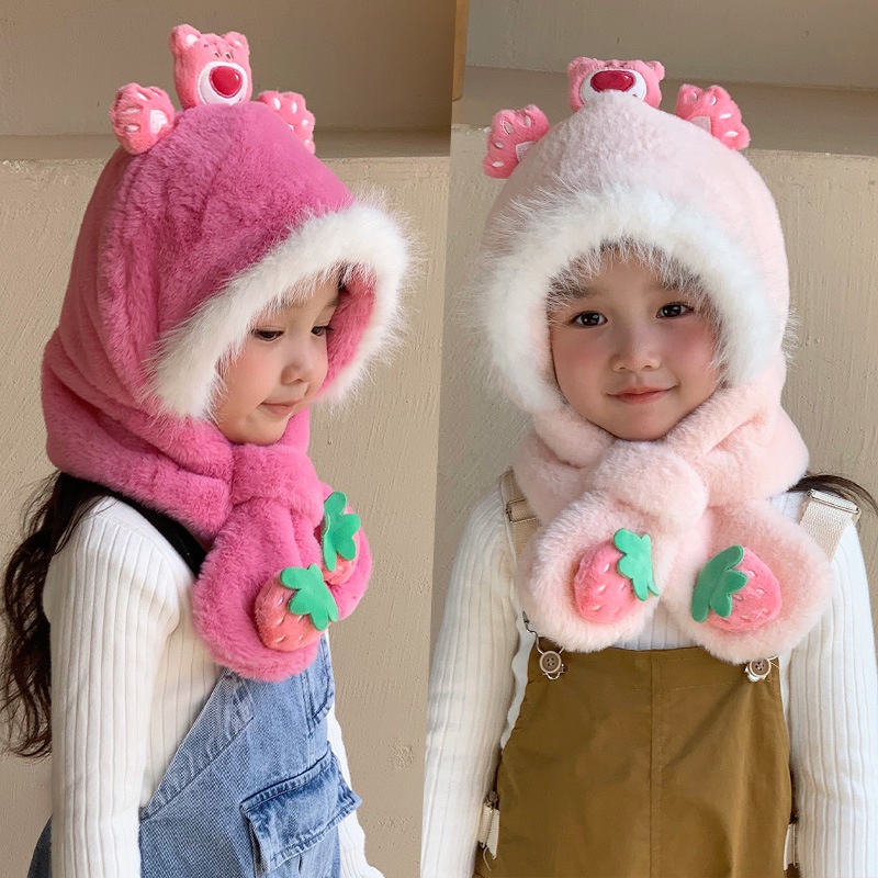 Set 2 Mũ Len Kèm Khăn Choàng Cổ 2 Trong 1 in Họa Tiết Dâu Tây / Gấu Hoạt Hình Dễ Thương Thời Trang Mùa Đông Cho Bé Gái