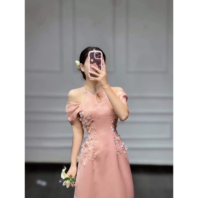 Cả bộ áo dài cách tân Ngư Minh, áo dài dạ hội đính hoa cực xinh - Áo dài truyền thống Tiến Đạt