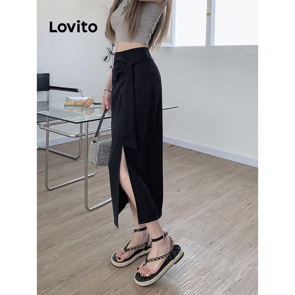 Lovito Váy xẻ tà xếp ly bất đối xứng trơn đơn giản cho nữ LNE29132