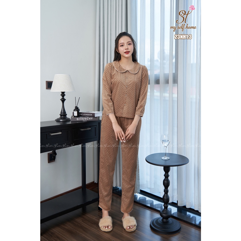 Bộ đồ nhung cổ sen chấm bi đỏ 23NH1-đồ bộ mặc nhà, đồ bộ nữ, cổ sen