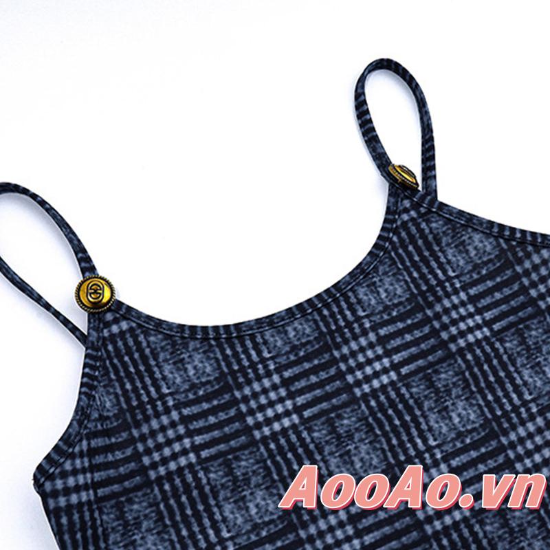 Aooao-đầm Hai Dây Ôm Dáng Hở Lưng Họa Tiết Kẻ Sọc Bằng Kim Loại Trang Trí Cho Nữ