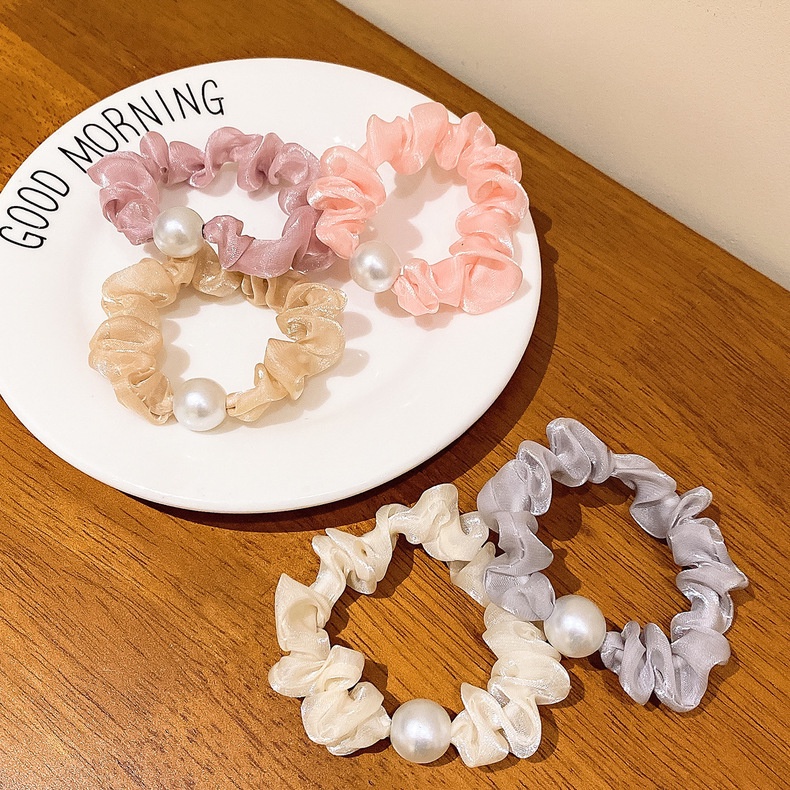 Cột tóc srunchies vải lưới bóng kim tuyến đính hạt châu đơn giản CT21