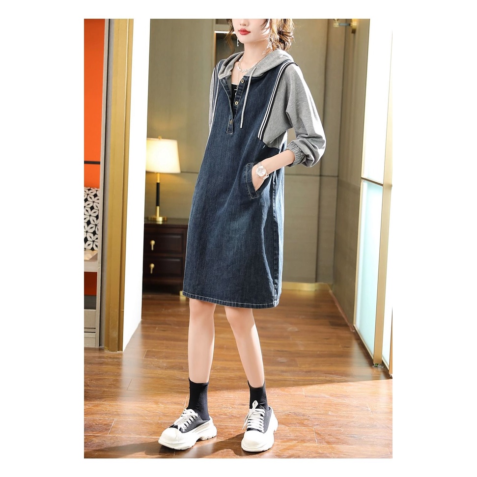 Đầm denim Dáng Rộng Có Mũ Trùm Thời Trang Mùa Thu 2023 Cho Nữ