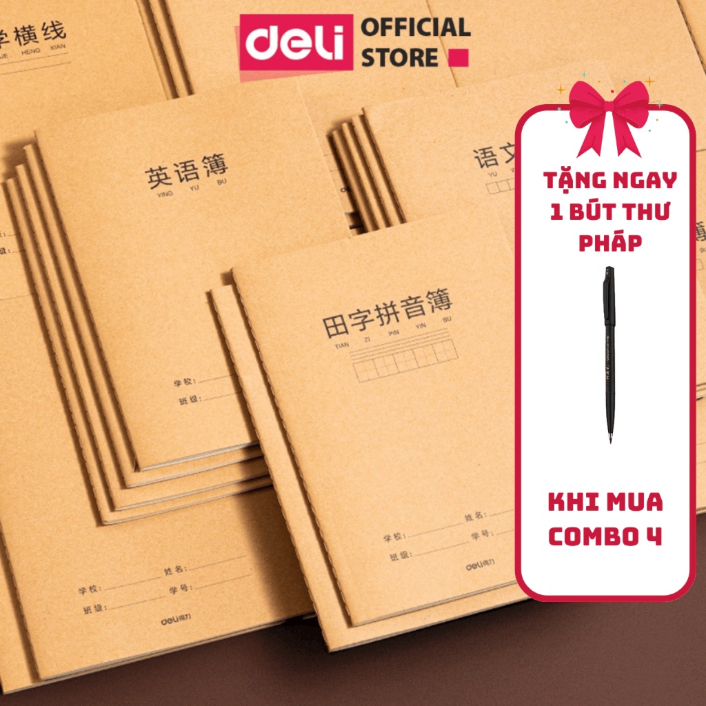 [VPP Deli] COMBO 4 Vở Luyện Viết Tiếng Trung Hàn Nhật 72 Trang Deli - Kèm Bút Viết Thư Pháp Chữ Hán Mực Đen
