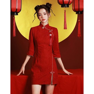 Sườn xám cải tiến Màu Đỏ Mới ngoại cỡ váy nướng bánh mì cho nữ váy cưới nhỏ váy chiến đấu phong cách Trung Quốc sườn xám năm mới