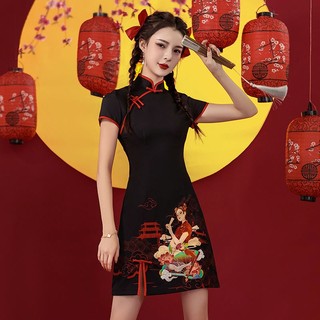 Sườn xám in hình nữ Trung Quốc Màu đen váy truyền thống mùa hè mới cho bé gái phong cách Trung Quốc váy ngắn năm mới