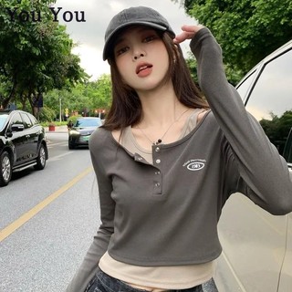 Áo thun tay dài giả hai lớp in chữ you you you dành cho nữ