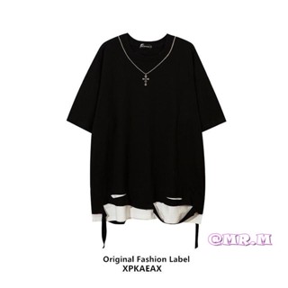 Áo Thun Tay Ngắn Cổ Tròn Giả Hai Lớp Phối Dây Xích Phong Cách Hip Hop Hàn Quốc Thời Trang Mùa Hè Cho Nam Và Nữ