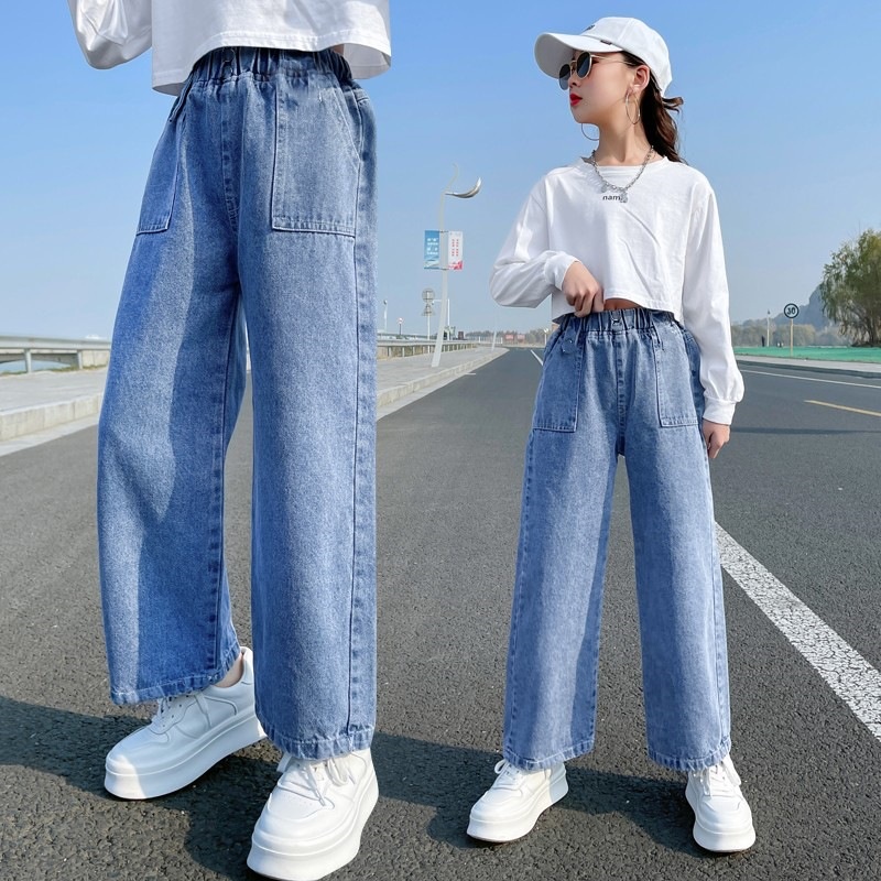 Quần jean bé gái dáng rộng trẻ em quần ống rộng