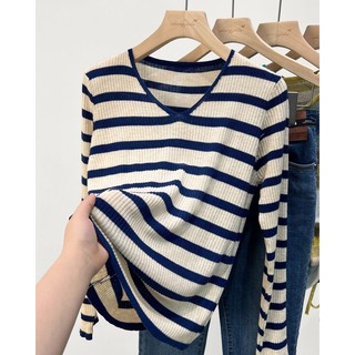 Áo Sweater Tay Dài Cổ Chữ V Họa Tiết Kẻ Sọc Màu Sắc Tương Phản Phong Cách Pháp Thời Trang Xuân Thu Cho Nữ
