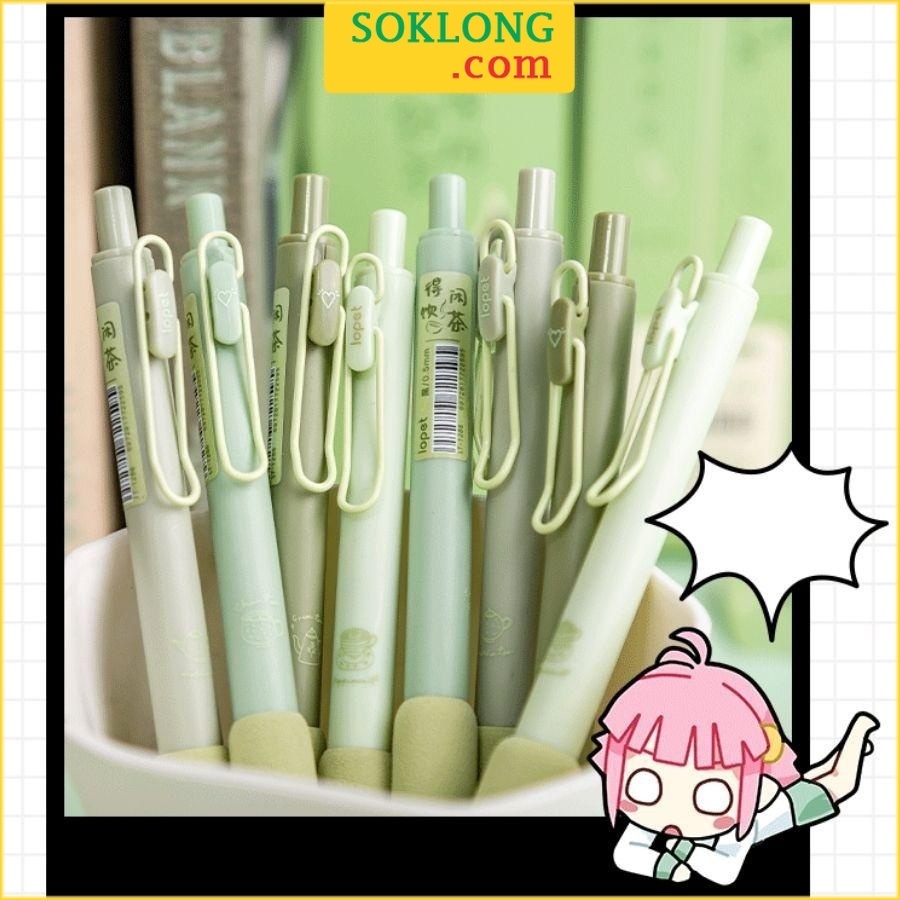 Bút bi Lopet cảm hứng trà xanh Matcha B86, bút gel bấm hoạ tiết lá xanh dễ thương, bút viết học sinh tiện lợi