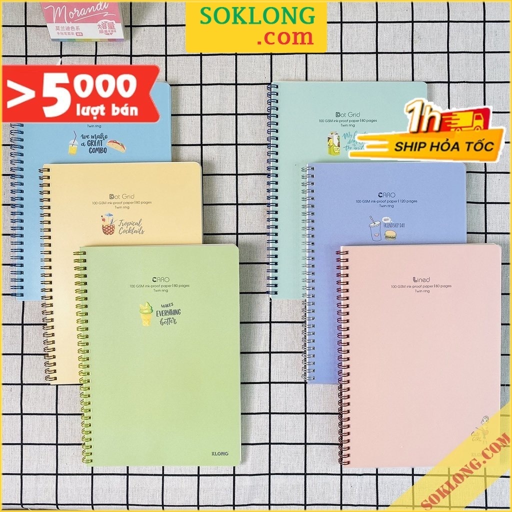 Vở B5 Klong bìa nhựa Caro/ Kẻ ngang/ Dot 80-200 trang tùy chọn Sổ Klong bìa Pastel dễ thương | BigBuy360 - bigbuy360.vn