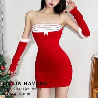 [Có sẵn] [Giá hủy diệt] Đầm Ôm Dáng Màu Đỏ Phối Viền Trắng Kèm Găng Tay