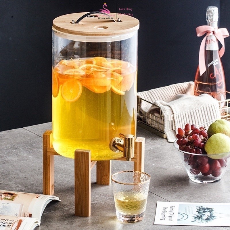 Bình thuỷ tinh vòi inox Lily's decor house 5L 8L Kèm chân gỗ pha Detox đựng nước, hoa quả