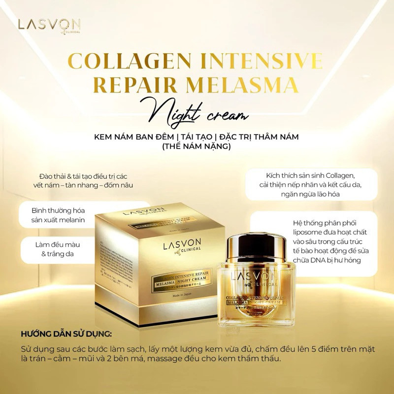 Kem colllagen nám trắng da chuyên sâu LASVON Collagen MELASMA Night Cream 30g NHẬT BẢN