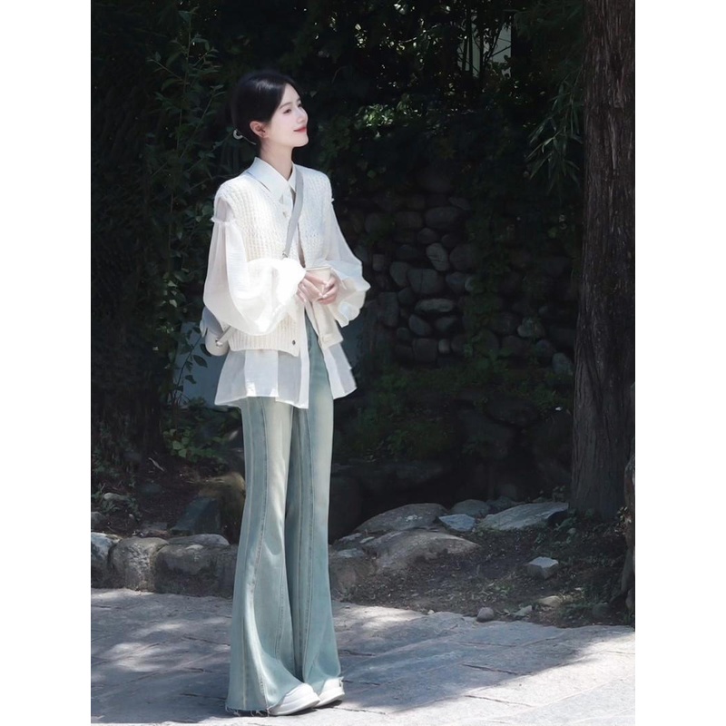 Bộ Áo Sơ Mi Dài Tay + Áo Khoác vest Xinh Xắn Dành Cho Nữ