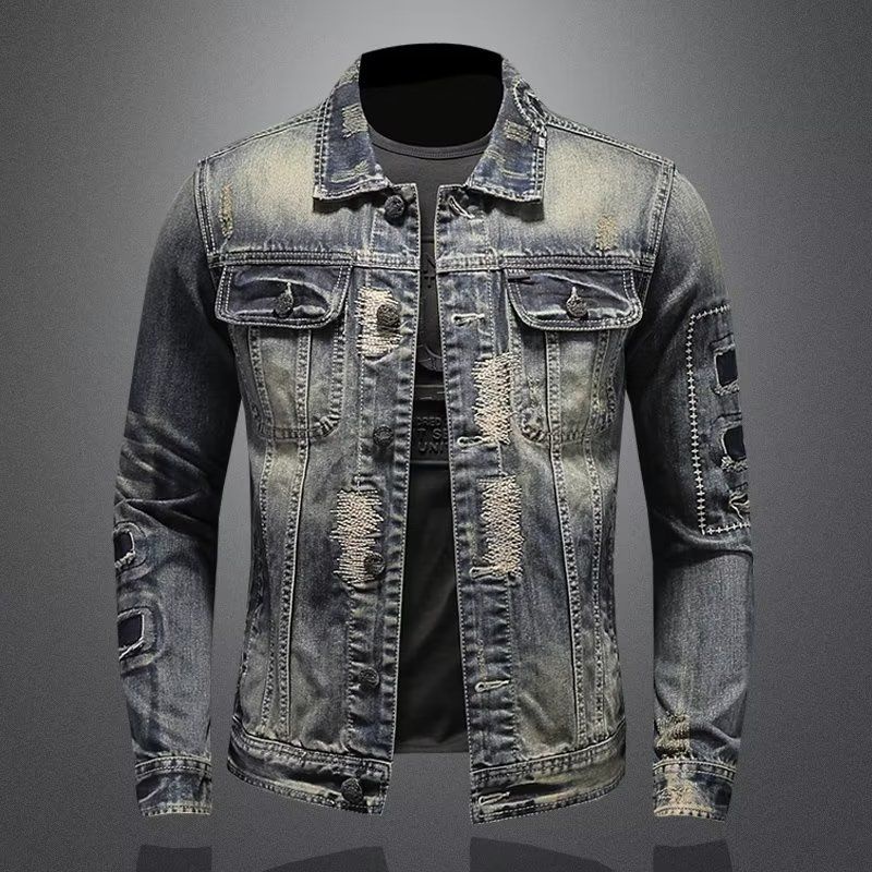 Áo Khoác denim Rách Phong Cách retro Thời Trang Cho Nam
