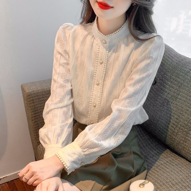 Áo Sơ Mi chiffon Tay Dài Cổ Đứng Phối Ren Thời Trang Mùa Thu Cho Nữ