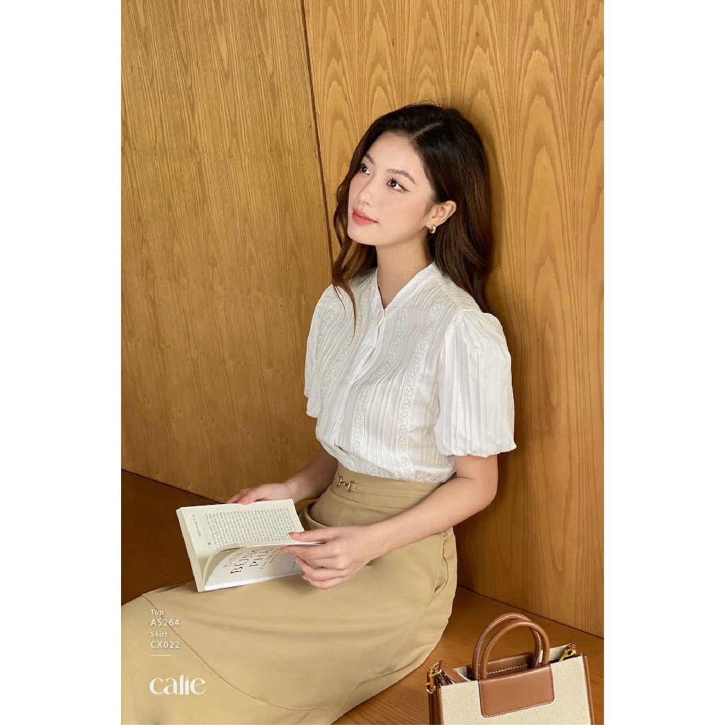 Áo sơ mi nữ cổ tàu phối ren tay bo CALIE AS264