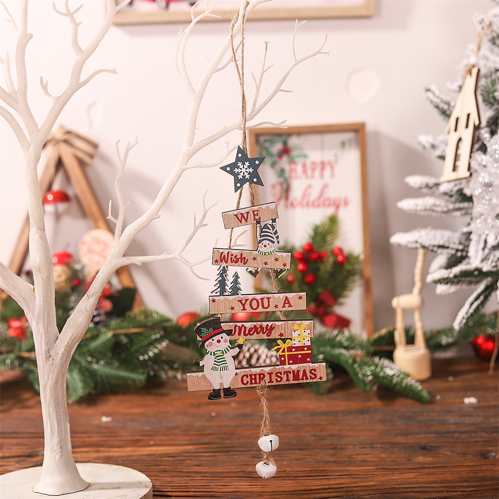 Phim hoạt hình Cây thông Noel bằng gỗ Thương hiệu gỗ Mặt dây chuyền Ông già Noel bằng gỗ Treo trang trí Cảnh ăn mặc