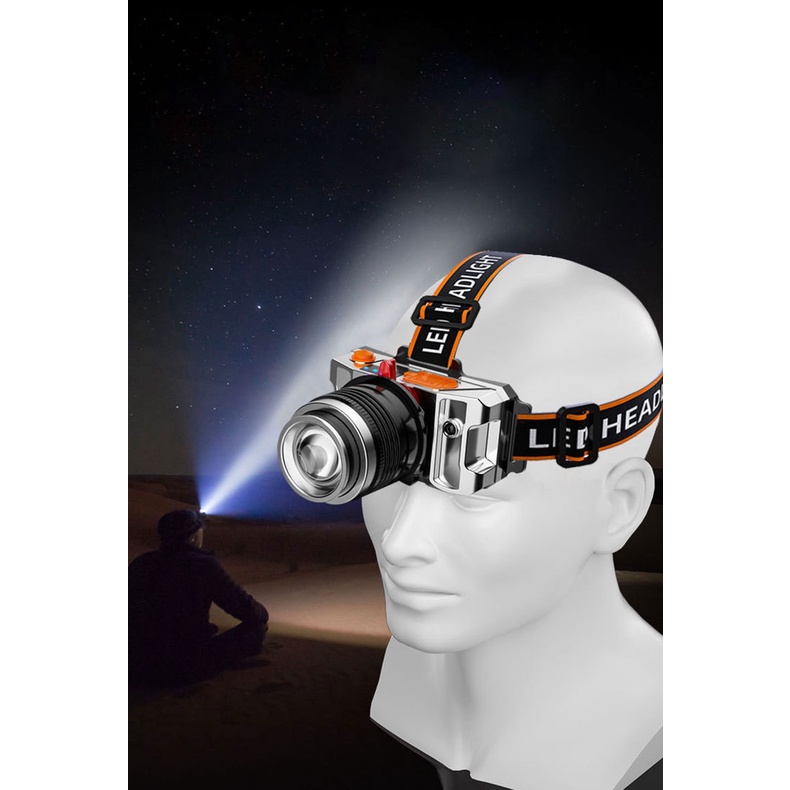 Đèn pin đội đầu siêu sáng chiếu xa 200m chống thấm nước đen pin 3 chế độ sáng có Zoom xa gần đèn pin đeo trán Đèn Pin