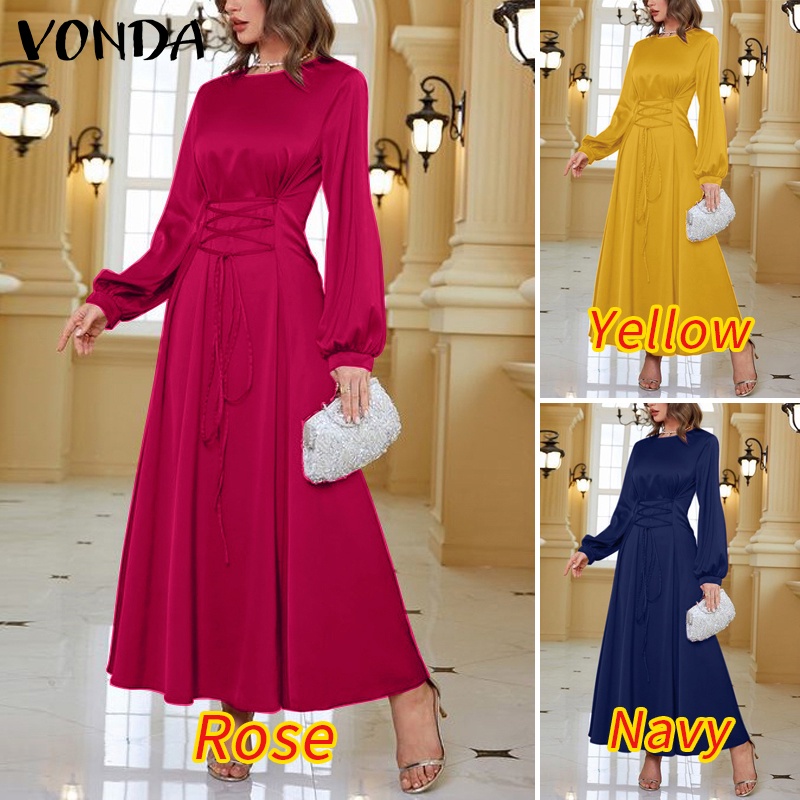 Đầm VONDA satin dài tay cổ tròn thiết kế xếp ly thắt eo phong cách cổ điển cho nữ