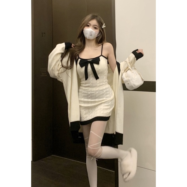 Set Đầm Hai Dây Và Áo Khoác cardigan Thời Trang Thu Đông Phong Cách Mới Cho Nữ j49w