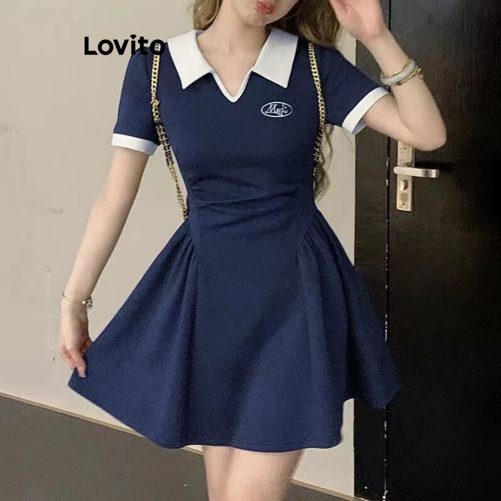Đầm Lovito xếp nếp ghép nối màu sắc màu trơn thường ngày cho nữ LNE17116 (màu xương dương navy)