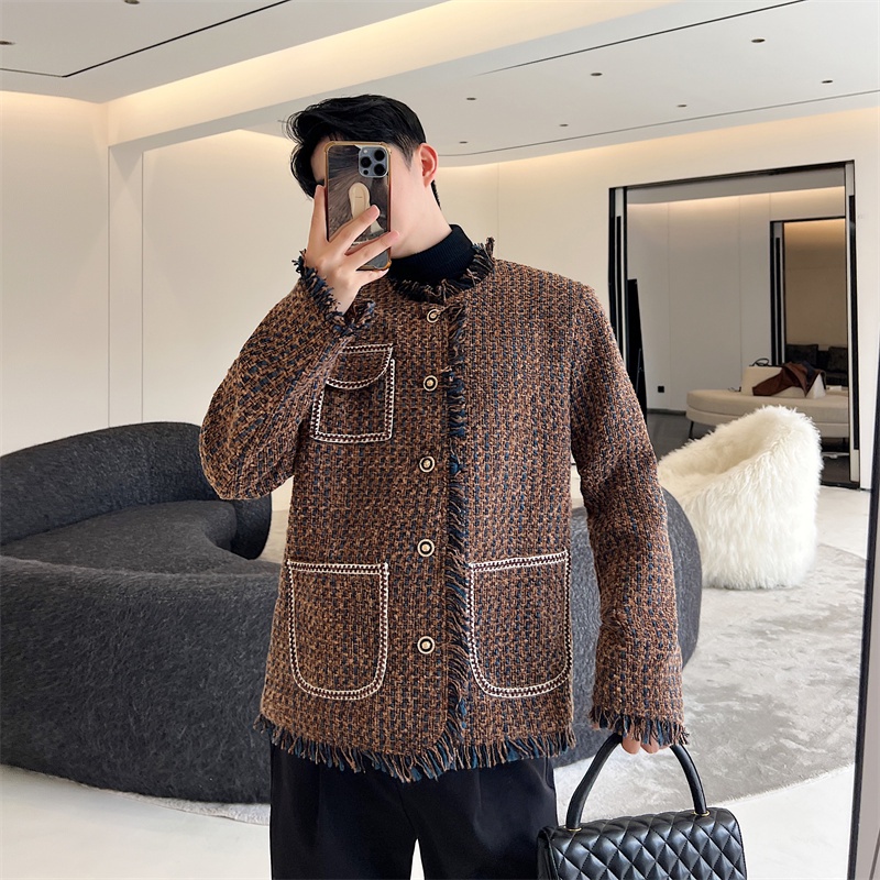 Tweed Áo Khoác blazer Vải Dệt Cổ Tròn Phối Tua Rua Và Nút Kim Loại Màu Nâu / Xanh Dương Hợp Thời Trang Cho Nam