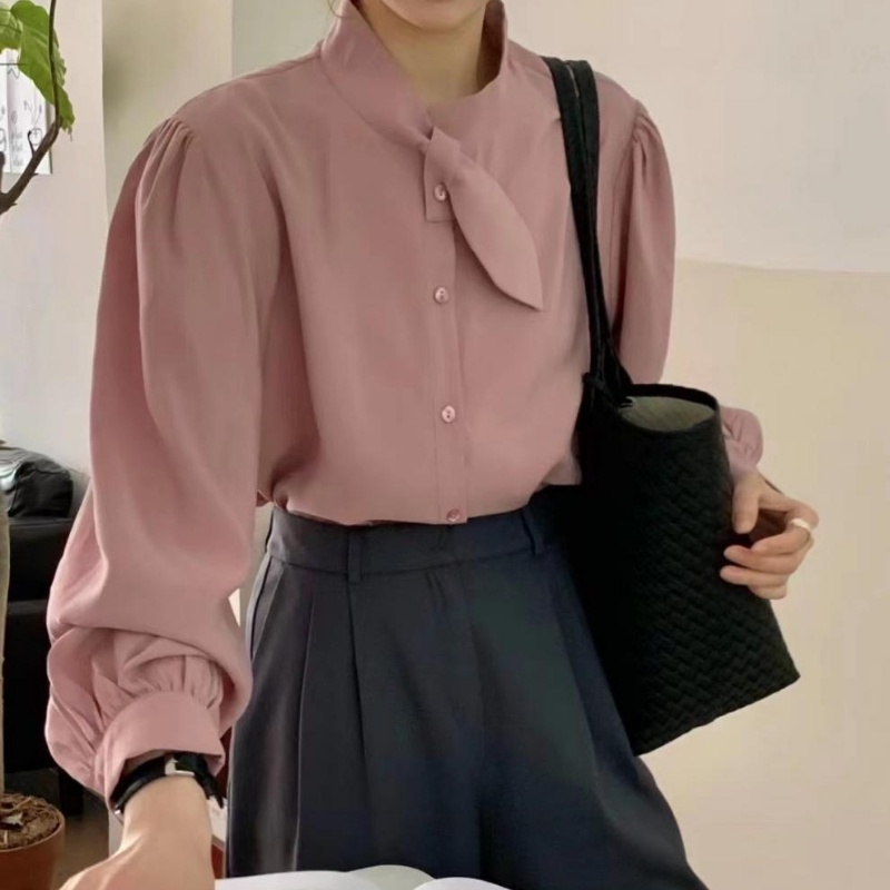 Liên Kết Với Liên Kết Với Nhau ❤ Áo Sơ Mi Tay Dài Màu Sắc Đơn Giản Thanh Lịch Cho Nữ