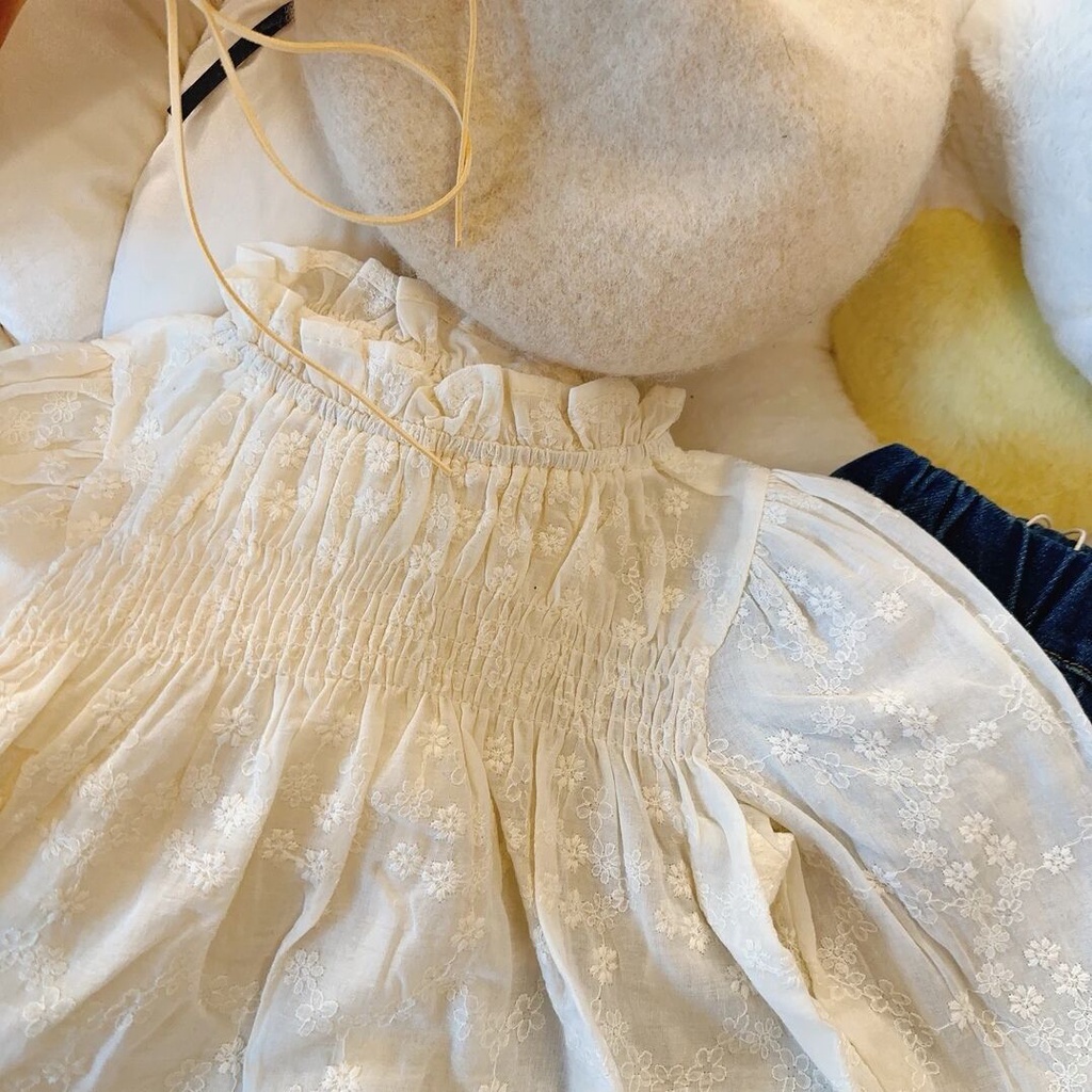 Áo Sơ Mi Tay Dài Dáng Rộng Thêu Ren Màu Trơn Phong Cách Hàn Quốc Thời Trang Xuân Thu Cho Bé Gái