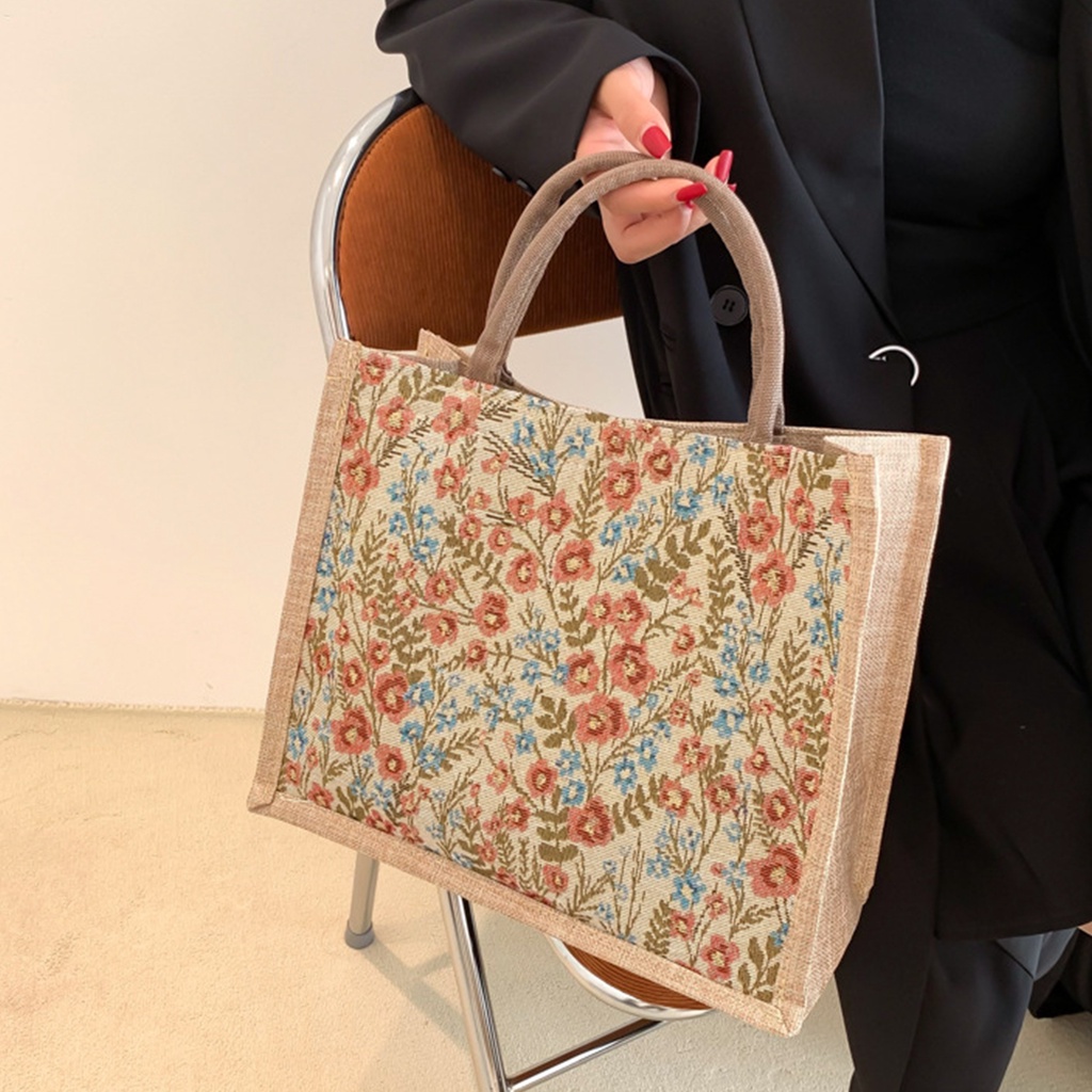 1 Túi Xách Vải Lanh Dáng Vuông Nhỏ Họa Tiết Hoa Phong Cách retro Cho Nữ
