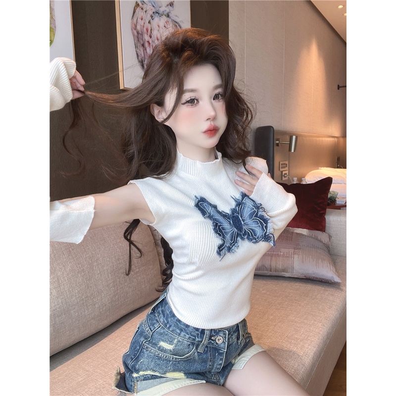 Áo Croptop Dài Tay In Hình Bướm Xinh Xắn Theo Phong Cách Hàn Quốc Dành Cho Nữ