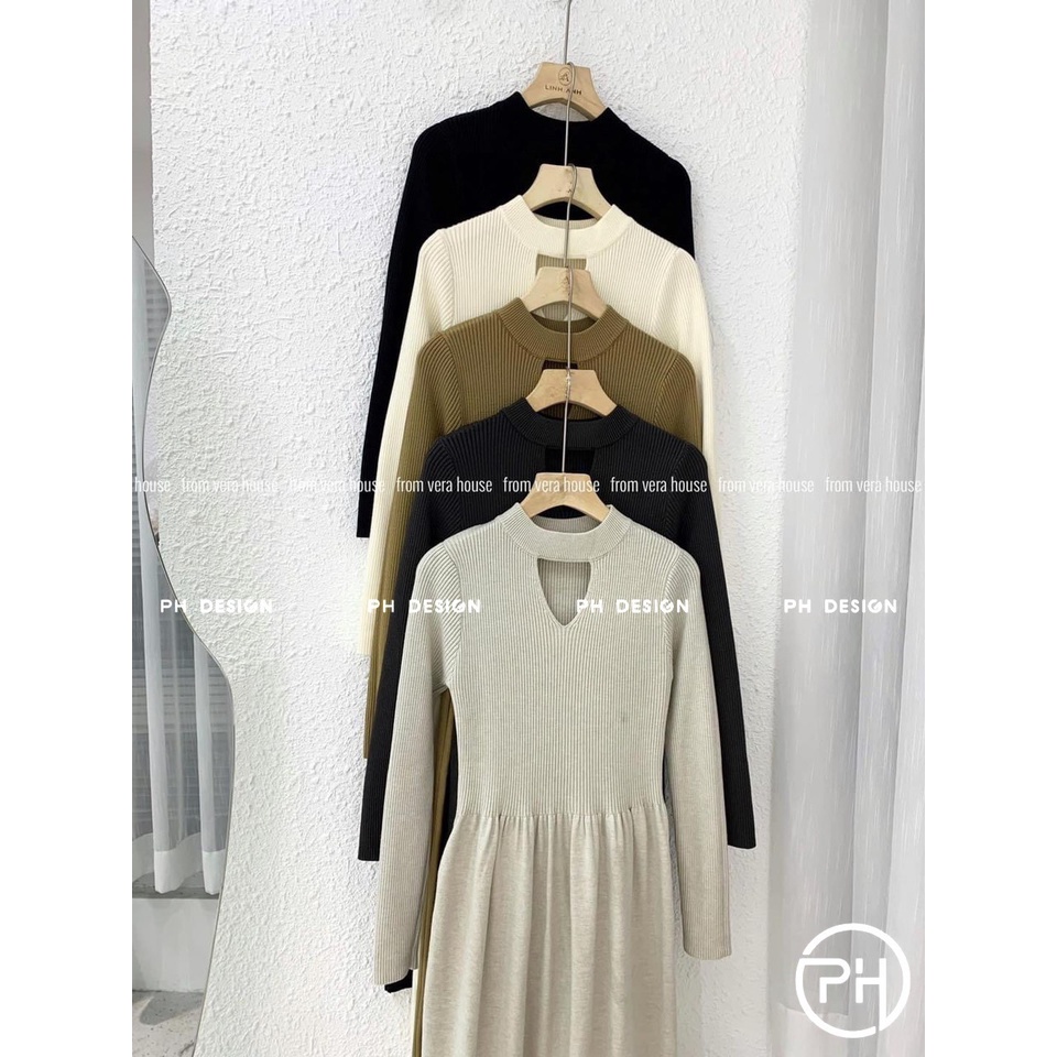 Váy len babydoll cổ khoét trên ôm dưới xoè tay dài hàng QC