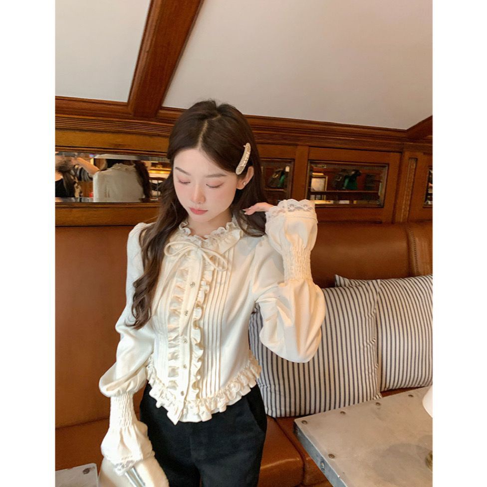 Áo Kiểu Tay Phồng Phối Ren Bèo Phong Cách Pháp