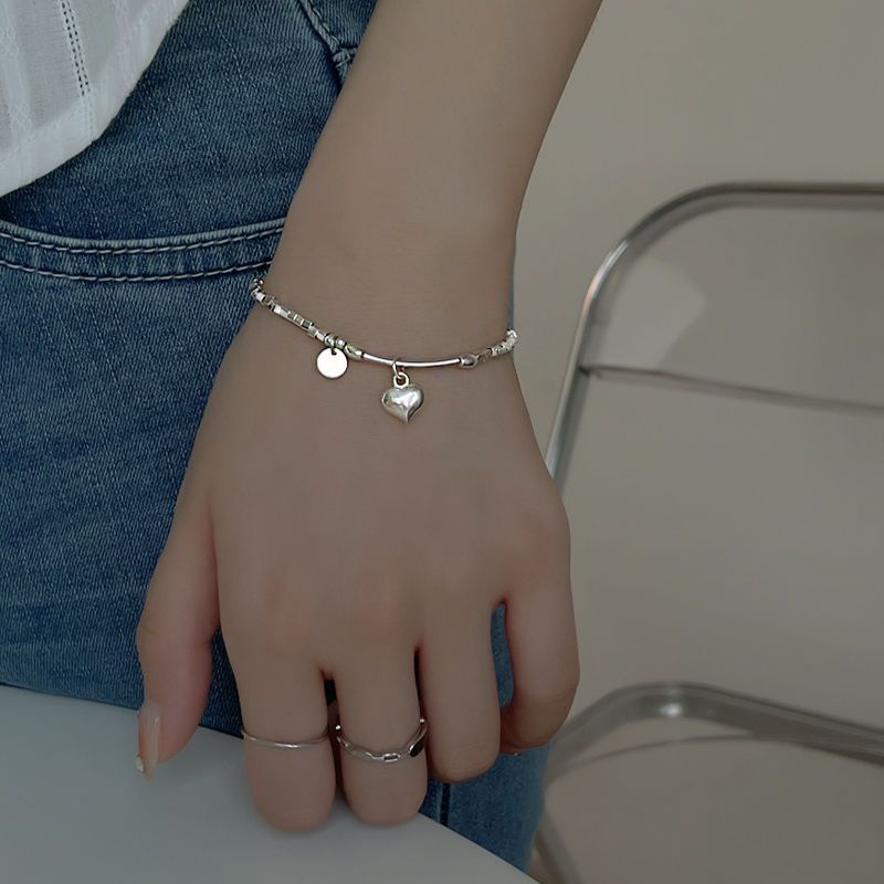 Vòng Tay Mạ Bạc 925 Mặt Hình Trái Tim Vỡ Hai Hạt Thời Trang Cho Nữ