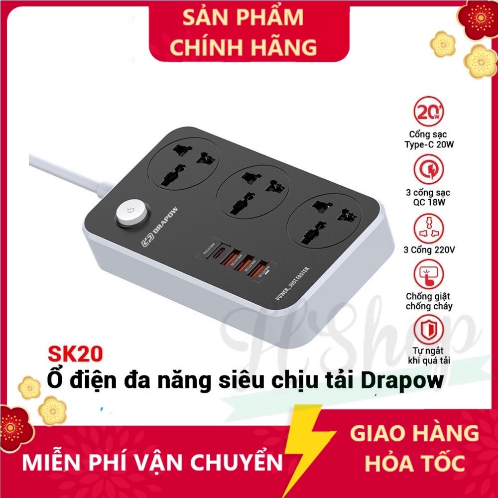 Ổ cắm điện đa năng DRAPOW SK20 /  LDNIO SC3412 Sạc nhanh USB-C 20W PD  2500W hỗ trợ 3 cổng USB QC18W và PD20W