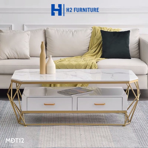 Bàn trà chữ nhật sofa H2 FURNITURE khung kim loại mặt đá, bàn 2 tầng có ngăn kéo cho phòng khách, phòng chờ