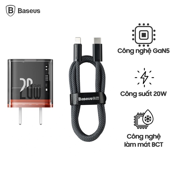 Combo bộ Sạc Nhanh Baseus GaN5 20W cho iPhone 12 13 Siêu Mini USB C Hỗ Trợ QC3.0 PD