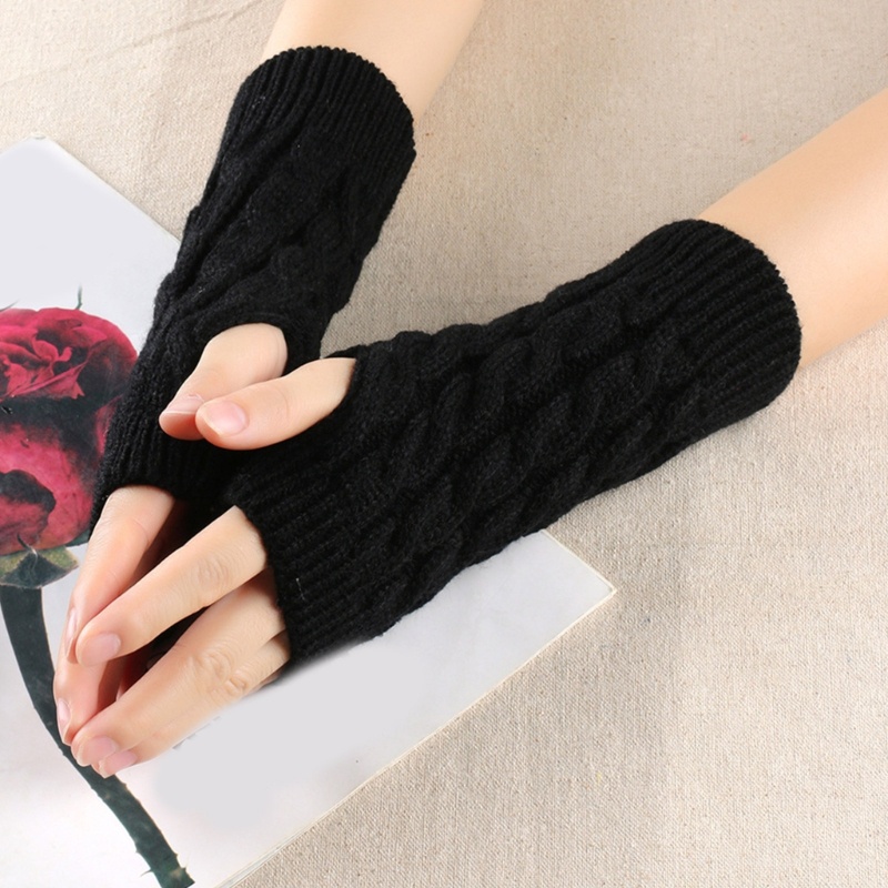 Psy Găng Tay Len Hở Ngón Màu Trơn Giữ Ấm Mùa Đông Cho Người Lớn