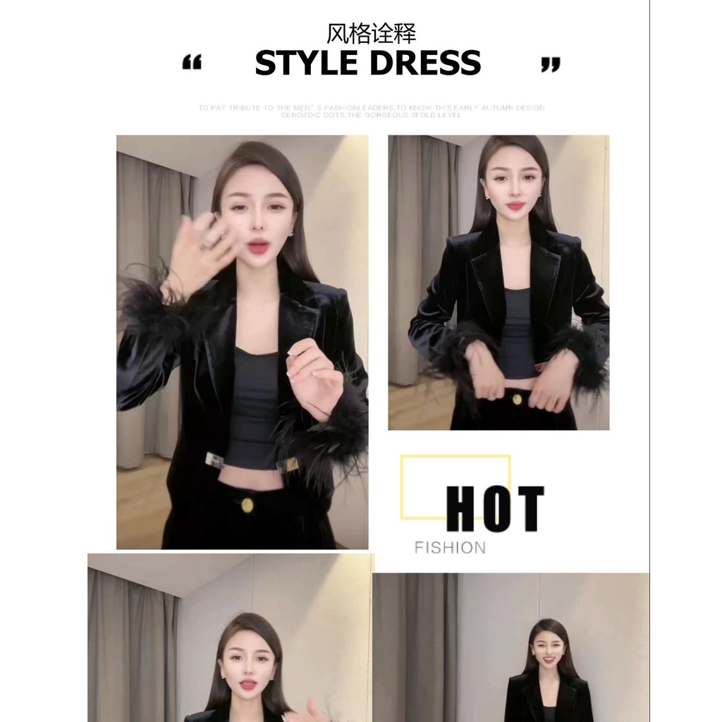 Áo Khoác Nhung Ngắn Màu Đen Phong Cách Châu Âu Thời Trang Mùa Thu 2023 Sang Trọng Cho Nữ