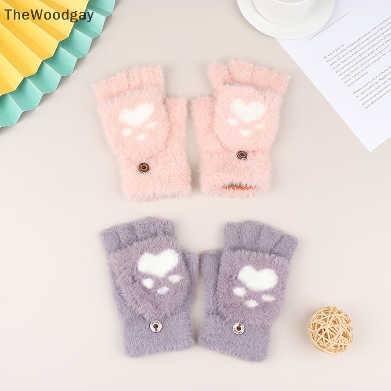 1 Đôi Găng Tay Lông Mềm Hở Ngón Giữ Ấm Mùa Đông Hình Bàn Chân Mèo Thời Trang Cho Nữ
