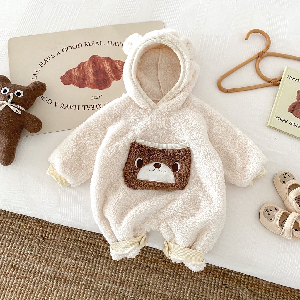 Bộ Áo Liền Quần Tay Dài In Họa Tiết Gấu Bông Dành Cho Trẻ Sơ Sinh 0-2 Tuổi