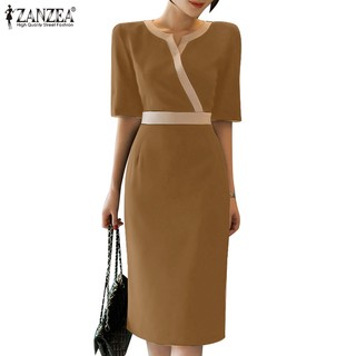 Zanzea Đầm Cổ Tròn Phối Khóa Kéo Sau Lưng Phong Cách Hàn Quốc Thanh Lịch Dành Cho Nữ