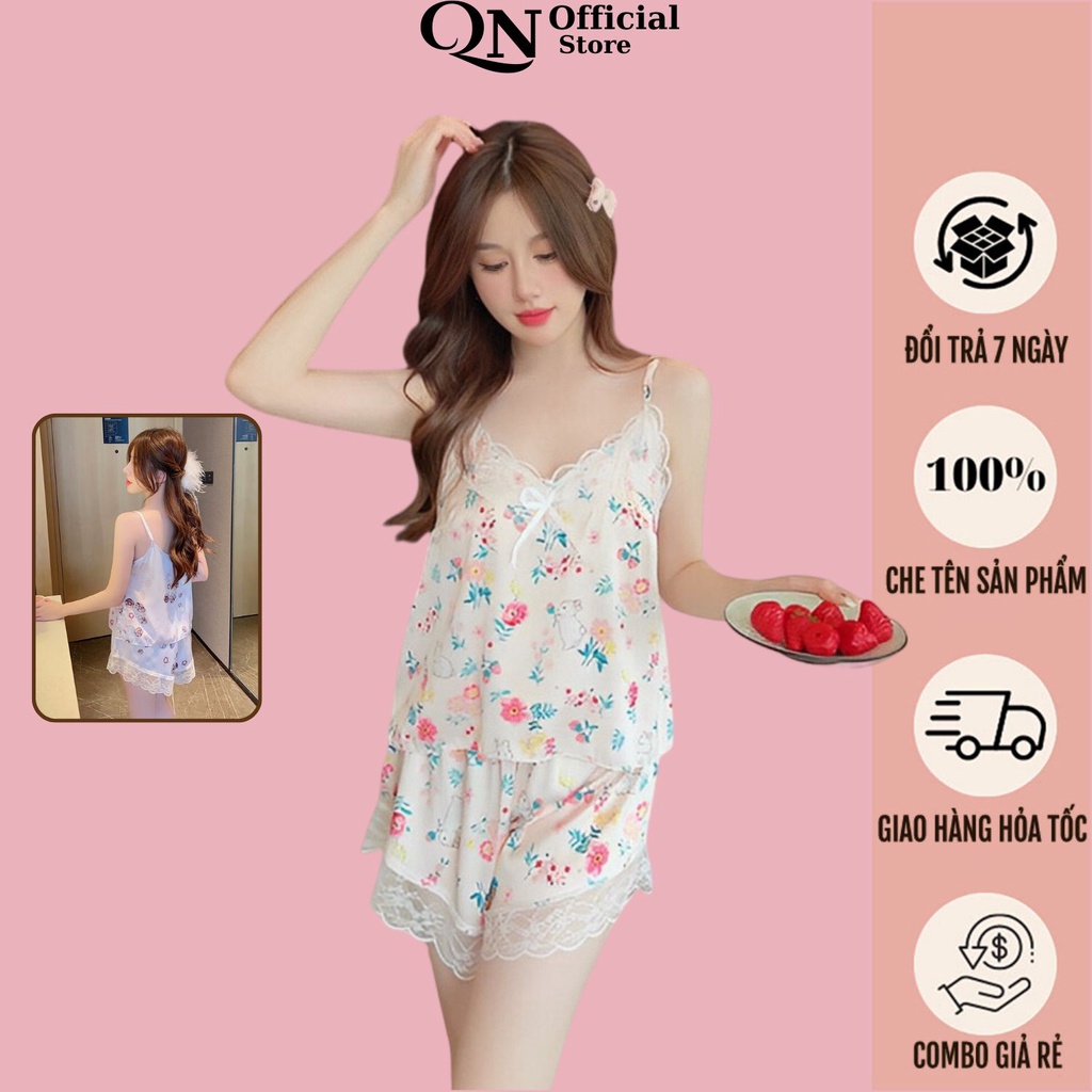 Set đồ ngủ hai dây hoạ tiết dễ thương vải lụa cao cấp bộ mặc nhà thoáng mát quần cạp chun CLOVER - 666