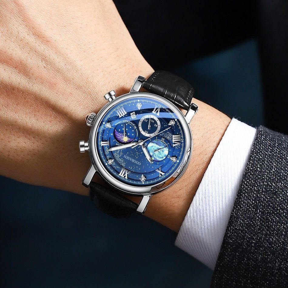 Đồng Hồ Đeo Tay Ba Mắt Chống Nước Phát Sáng Không Cơ Mặt Trời Mặt Trăng Phong Cách Mới Cao Cấp Thời Trang Cho Nam